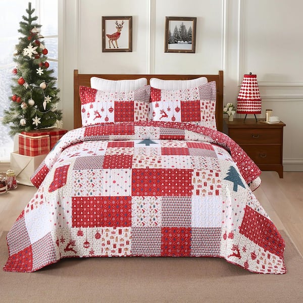 BY216 3 Pieces Red Christmas-Themed Holiday King Size Polyester Patchwork Quilt Bedspread Set