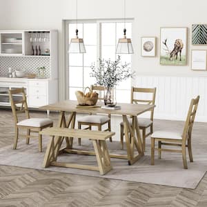 Farmhouse 6-Piece Natural Rectangle Wood Dining Table Set with 4 Upholstered Chairs and Solid Wood Bench