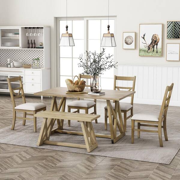 Harper & Bright Designs Farmhouse 6-Piece Natural Rectangle Wood Dining ...