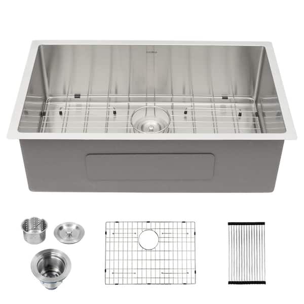 Logmey 21 in. Undermount Sink Single Bowl 16-Gauge Brushed Stainless Steel Kitchen Sink with Bottom Grid and Drying Rack
