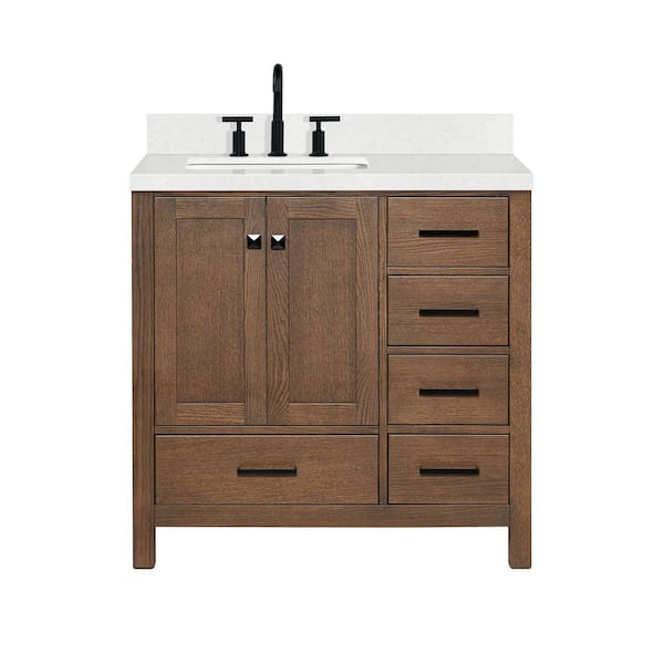 Cambridge 36 in. Single Sink Freestanding Bathroom Vanity in Brown Oak with Carrara Quartz Top