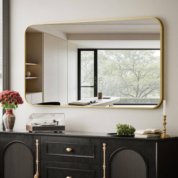 XRAMFY Gold 26 in. W x 38 in. H Rectangular Bathroom Mirror with Rounded Corners Wall Metal Framed Mirror