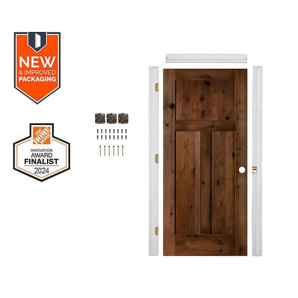 Krosswood Doors Assembly Required 24 in. x 80 in. 3-Panel Left-Hand Knotty Alder Provincial Stain Wood Interior Door Kit w/Separate Jamb