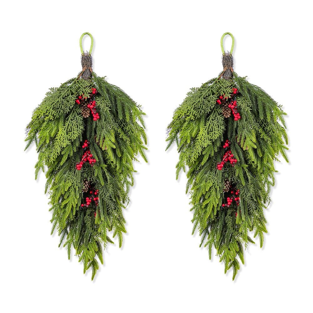 31.5 in. Greenery PE Dripping Artificial Christmas Swag Teardrop with Pinecones and Red Berries (Set of 2) price history on PriceWatchPro