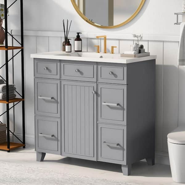 36 in. W x 18 in. D x 34 in. H Freestanding Bath Vanity in Gray with White Ceramic Top Single Basin Sink