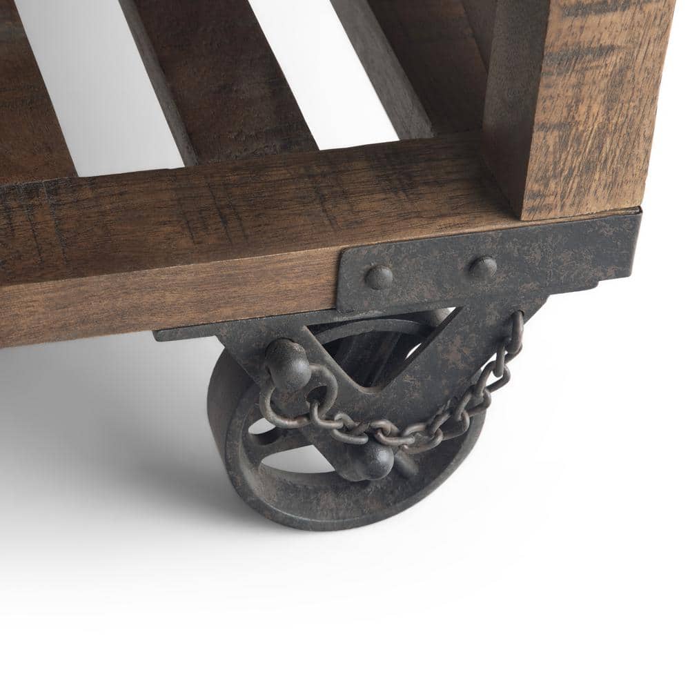 Harding Distressed Dark Brown Solid Mango Wood Square Coffee Table with Iron Wheels