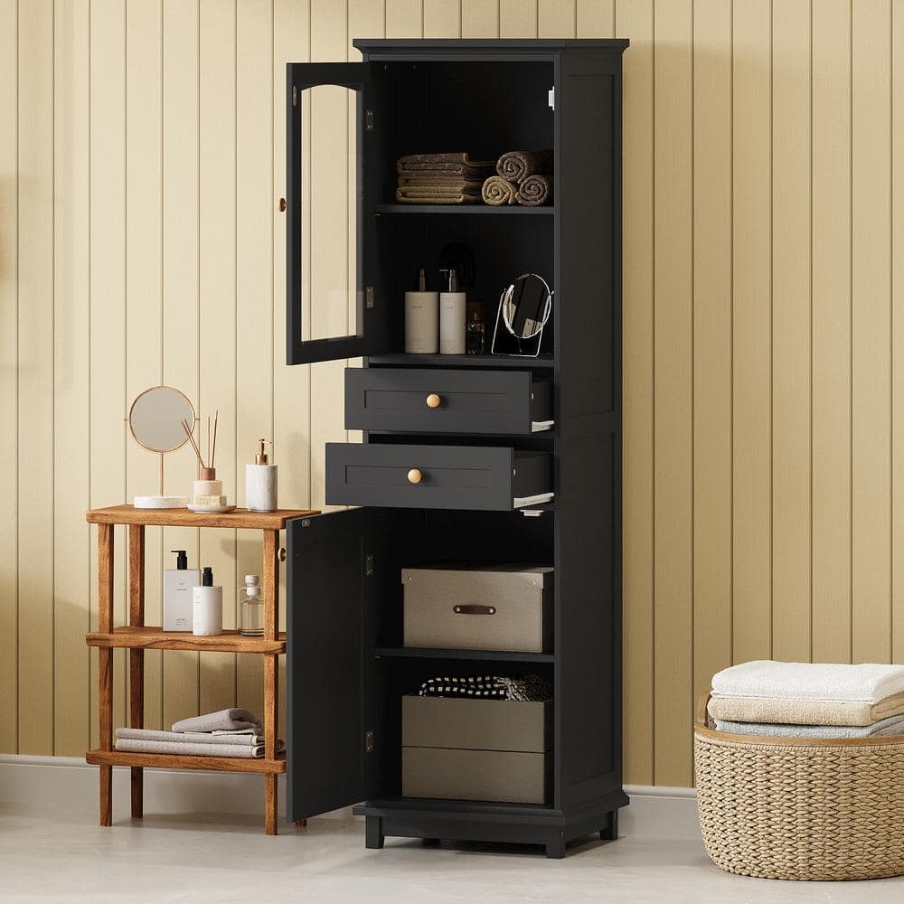 17.76 in. W x 14.21 in. D x 62.99 in. H Freestanding Black Storage Linen Cabinet with Glass Doors and 2 Drawers price history on PriceWatchPro