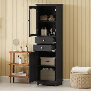 17.76 in. W x 14.21 in. D x 62.99 in. H Freestanding Black Storage Linen Cabinet with Glass Doors and 2 Drawers