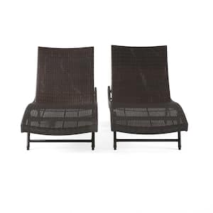 Brown Multi PE Rattan Wicker Iron Outdoor Chaise Lounge Chairs, Set of 2