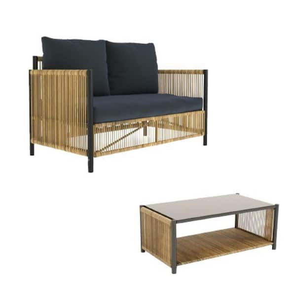 ITOPFOX Brown 2-Piece Round Tube Metal Frame PE Wicker Outdoor Sectional Set 2-Seat Sofa and Top Glass Table with Gray Cushions