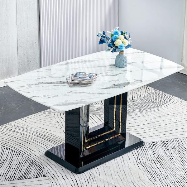 Harper & Bright Designs Luxurious White and Black Faux Marble Top 63 in. Pedestal Dining Table Seats 6 with U-Shape MDF Base