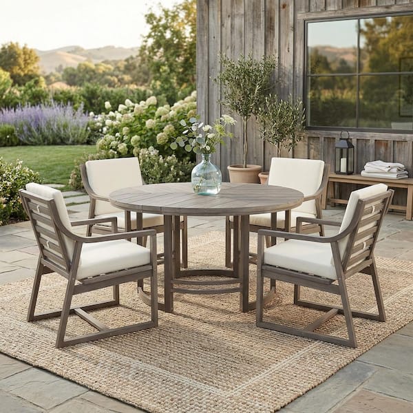 acacia wood outdoor dining table patio with umbrella hole 5-Piece Acacia Wood Outdoor Dining Set Patio Table with Umbrella Hole for  Patio Backyard Garden with Beige Cushion Outdoor427-2