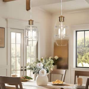 Modern Farmhouse 1-Light Plated Brass Drum Island Pendant Light with Clear Glass Shade for Foyer, LED Compatible