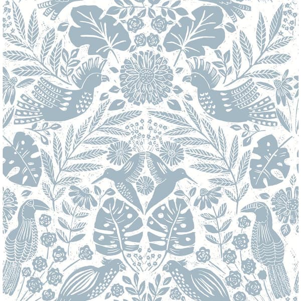 A-Street Prints Nestle Bird Block Print Blue Nonpasted Non Woven Wallpaper Sample