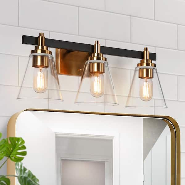 21.5 in. 3-Light Brass Gold Bathroom Vanity Light, Cone Clear Glass Bath Lighting, Modern Black Indoor Wall Sconce