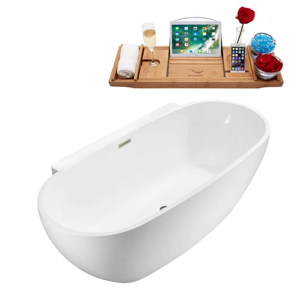 59" White Acrylic Freestanding Soaking Bathtub with Bamboo Tray