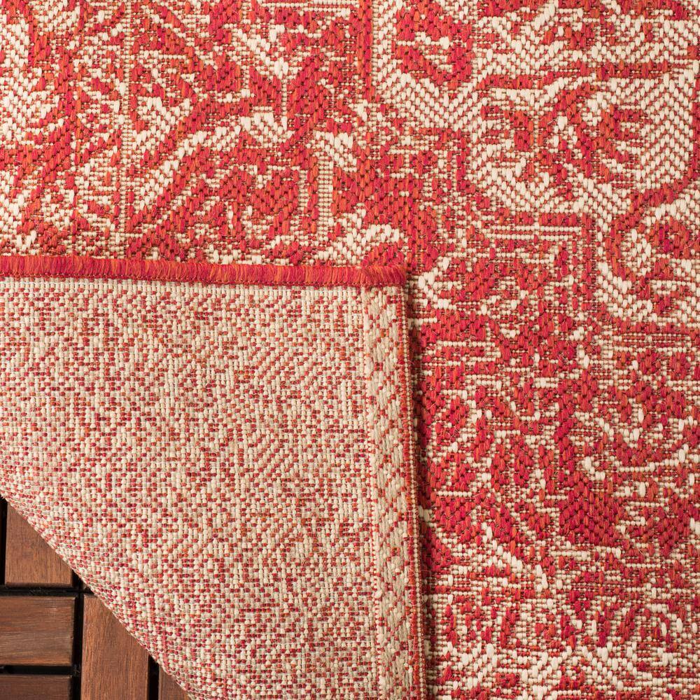 Red and Cream Synthetic Non-Slip Round Area Rug