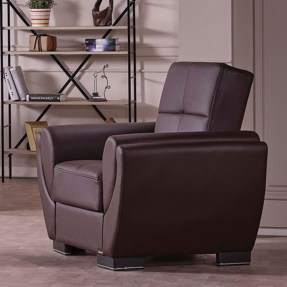Side view of a brown convertible armchair.