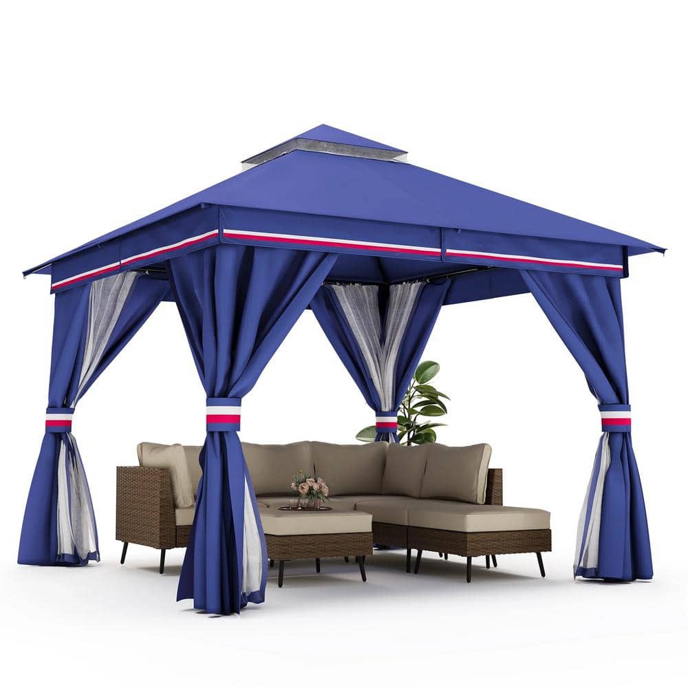 Classic Blue 10'x10' Iron Frame Patio Gazebo with Mosquito Netting