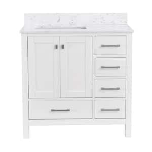 Mabelly 36 in. W x 22 in. D x 39 in. H Left Sink Freestanding Bath Vanity in White with Belly White Cultured Marble Top