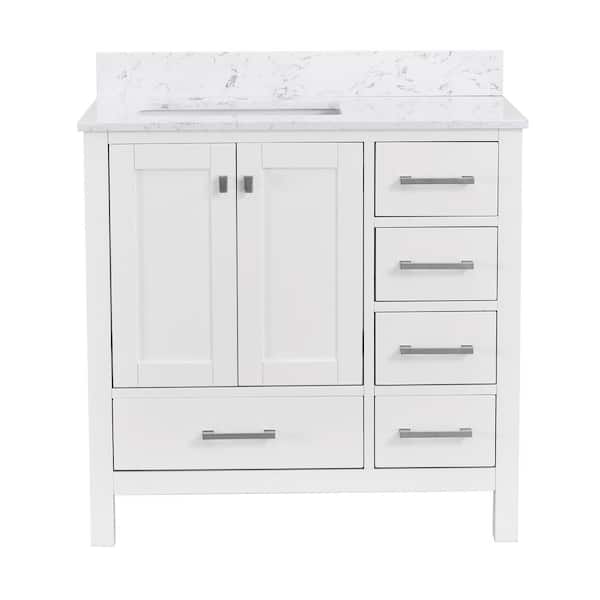 YASINU Mabelly 36 in. W x 22 in. D x 39 in. H Left Sink Freestanding Bath Vanity in White with Belly White Cultured Marble Top