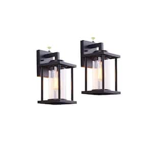 Textured Black Outdoor E26 Motion Sensor Dusk to Dawn Wall Lantern Sconce with Clear Glass Shade (Set of 2)