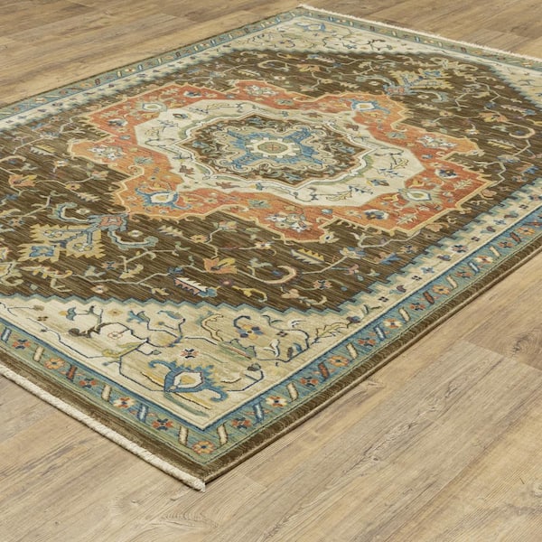 Fleetwood Brown/Orange 8 ft. x 11 ft. Center Oriental Medallion Polypropylene Fringe Edge Indoor Area Rug