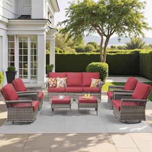 Nyajiah 7-Piece Wicker Outdoor Patio Conversation Set with Red Cushions