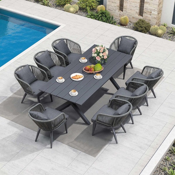 9-Piece All-Weather Wicker Outdoor Dining Set with Table All Aluminum Frame and Grey Cushions for Garden Backyard Deck