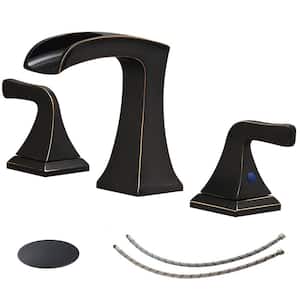 8 in. Widespread Double Handle Brass Waterfall Bathroom Sink Faucet with Pop-Up Drain Assembly Kit in Oil Rubbed Bronze