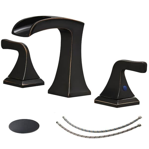 FLG 8 in. Widespread Double Handle Brass Waterfall Bathroom Sink Faucet with Pop-Up Drain Assembly Kit in Oil Rubbed Bronze