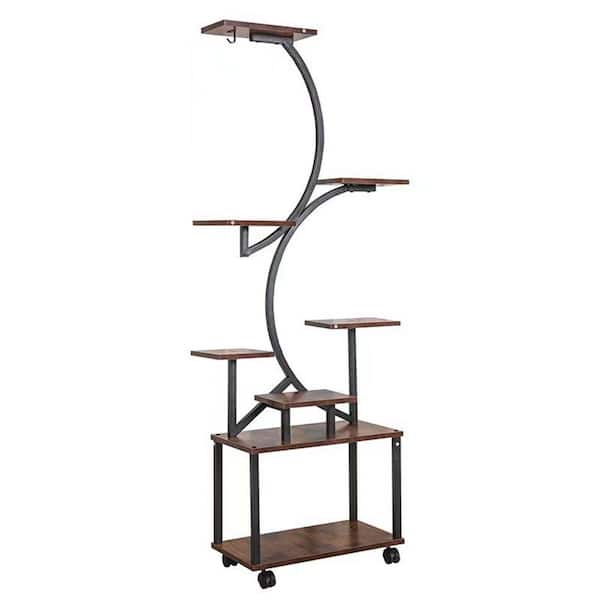 61 in. H Wood Plant Stand with Grow Lights, 8 Tiered Indoor Plant Shelf, Metal Plant Stand, S-Shaped Plant Rack, Black