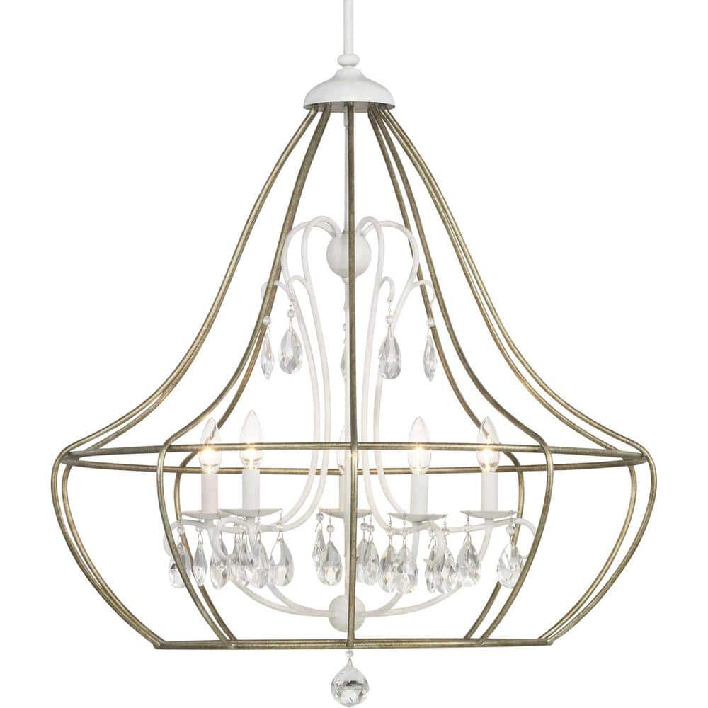 Cottage White Cage Chandelier with Glass Ornaments