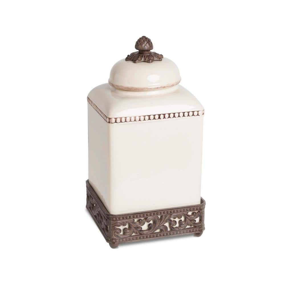 Gerson 13.5-Inch Tall Cream Ceramic Canister with Acanthus Leaf Adorned Metal Base