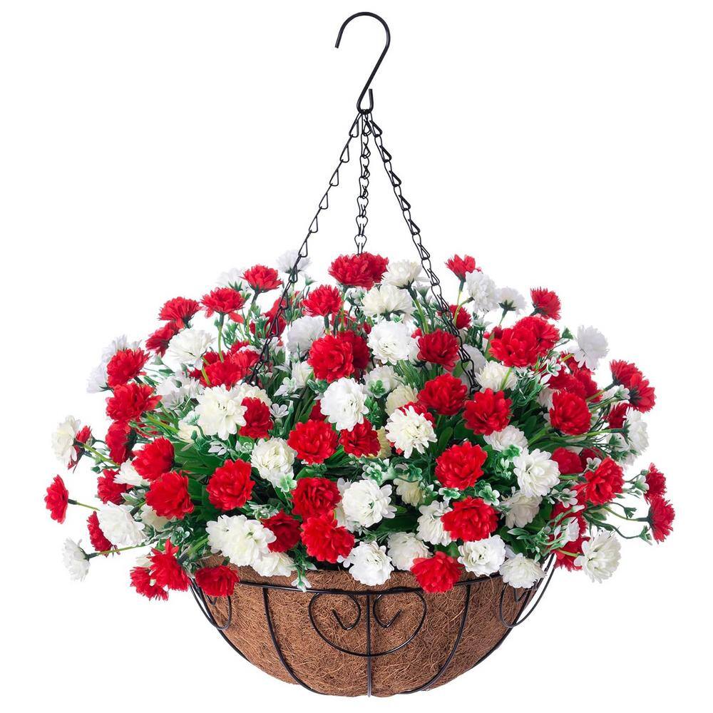 12 in. Red and White Artificial Hanging Flowers, Fake Silk Hanging Planter 