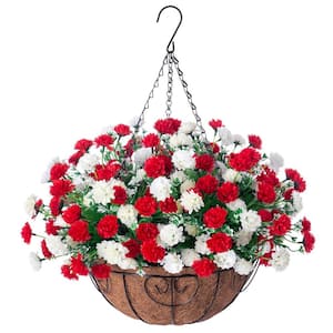 12 in. Red and White Artificial Hanging Flowers, Fake Silk Hanging Planter with Coconut Lining Baskets