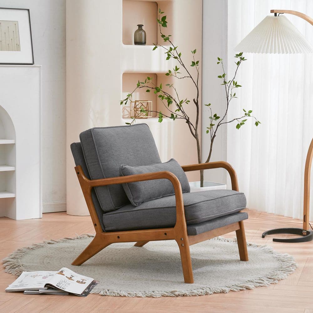 Dark Grey Linen Upholstered Wood Frame Accent Chair