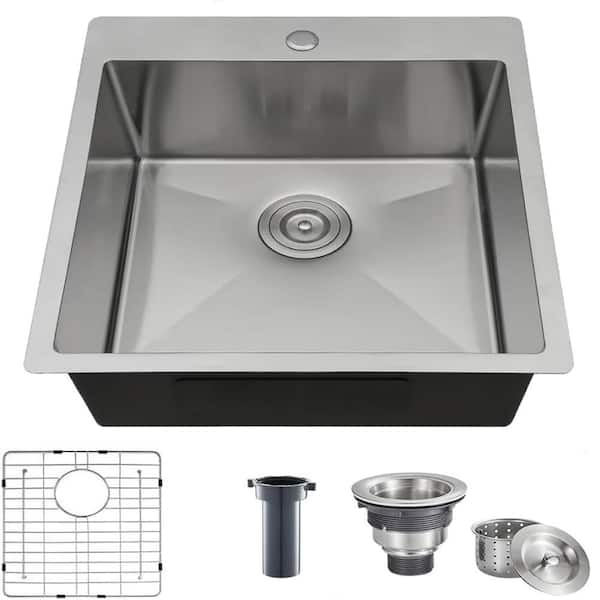 18 in. Drop-In Square Single Bowl 16-Gauge Brushed Nickel Stainless Steel Workstation for Bar and Laundry