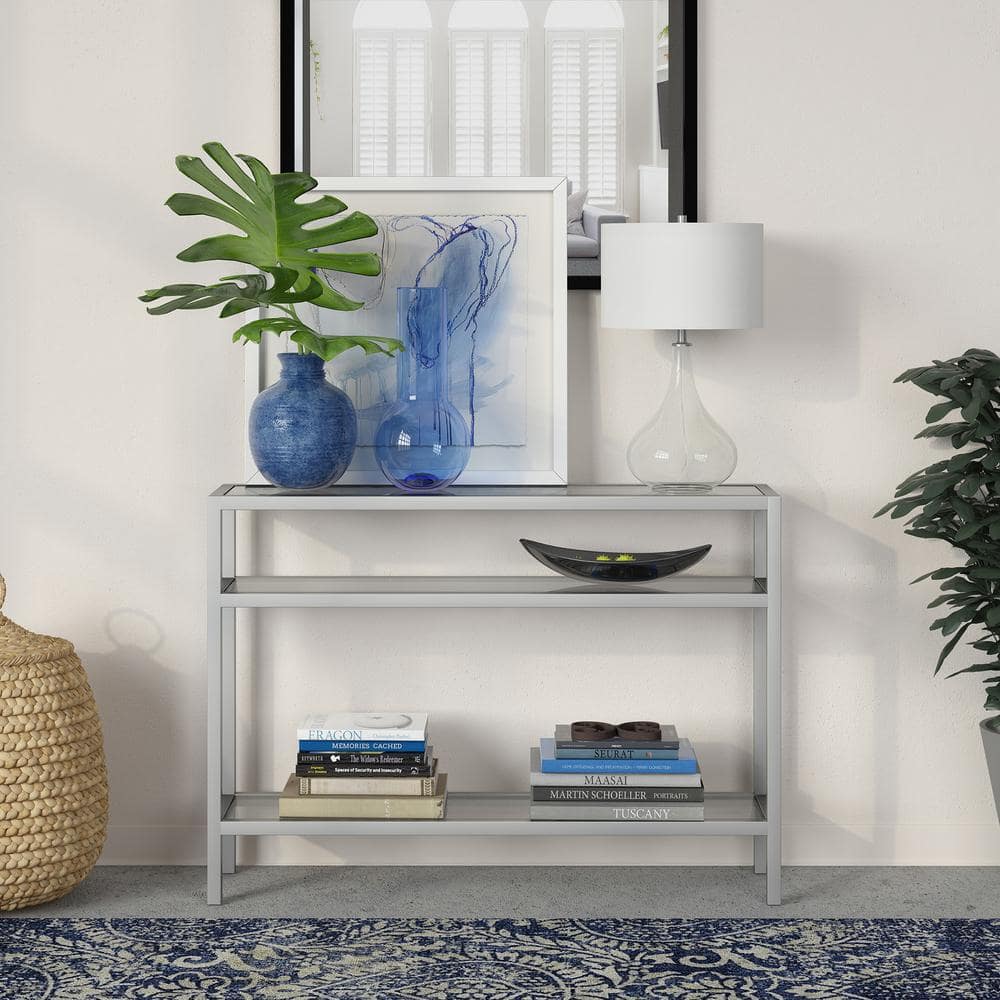 Satin Nickel Industrial Console Table with Tempered Glass Shelves