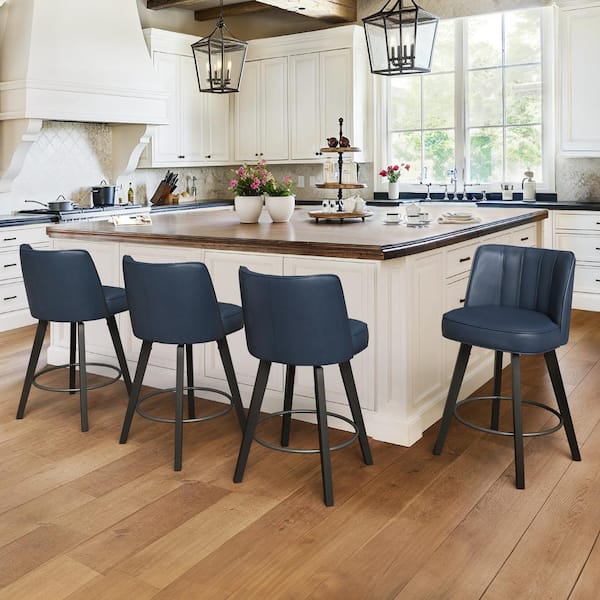 Paul 26 in. Blue Modern Faux Leather 360 Swivel High Back Barstool Solid Wood Counter Height Stool Set of 4