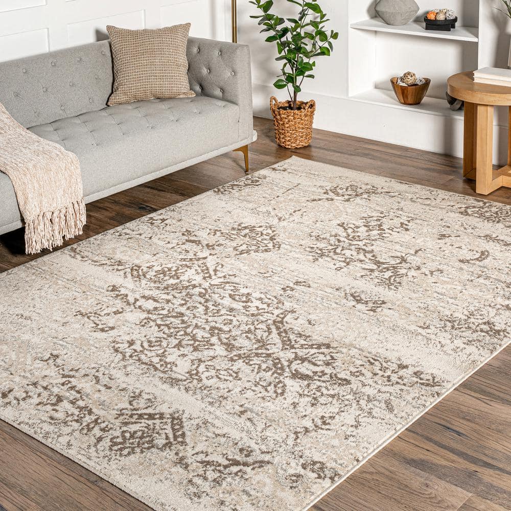 Beige Floral Synthetic Rectangular Area Rug 6' 7" x 9'