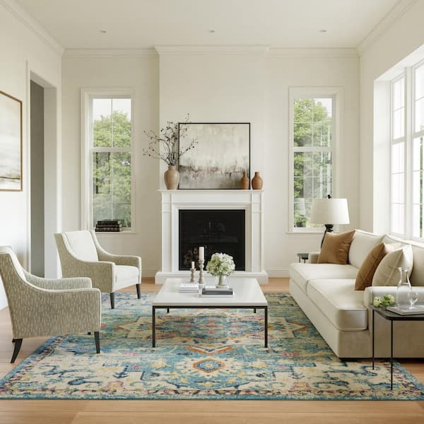 Passion Ivory/Light Blue 9 ft. x 12 ft. Persian Modern Transitional Bed Room, Living Room, Dining Room Area Rug