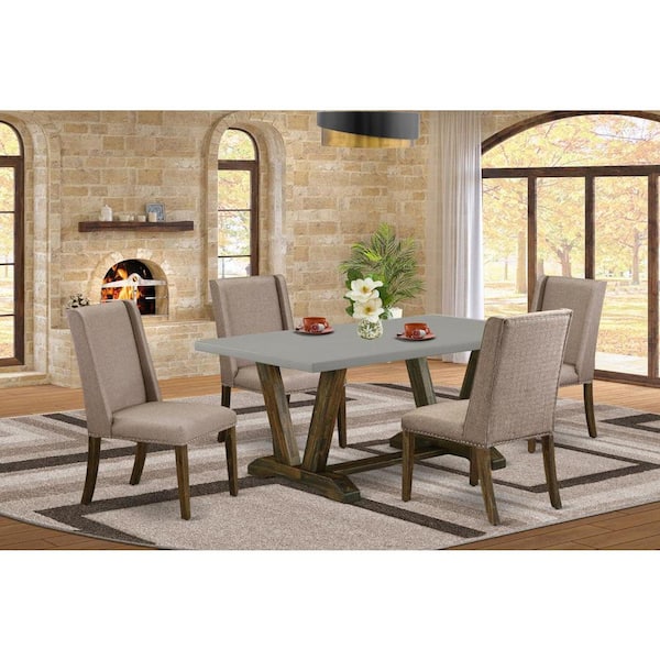 East West Furniture 5-Piece Rectangle Distressed Jacobean Finish Solid Wood Top Dining Table with 4 Upholstered-Chairs with Lattice Back