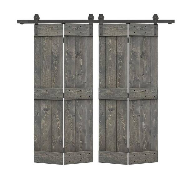 CALHOME 40 in. x 84 in. Mid-Bar Solid Core Weather Gray Stained DIY Wood Double Bi-Fold Barn Doors with Sliding Hardware Kit