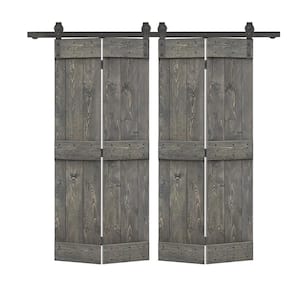 48 in. x 84 in. Mid-Bar Series Weather Gray Stained DIY Wood Double Bi-Fold Barn Doors with Sliding Hardware Kit