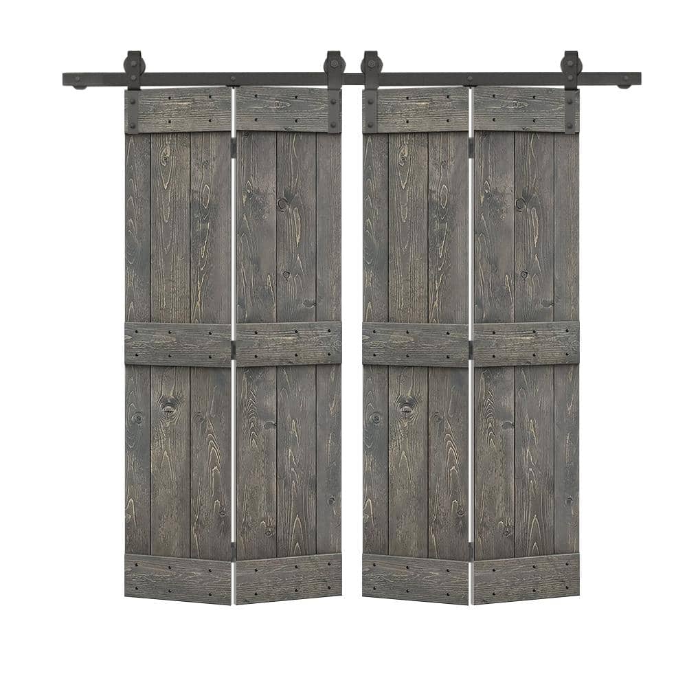 48 in. x 80 in. Mid-Bar Series Solid Core Weather Gray Stained DIY Wood Double Bi-Fold Doors with Sliding Hardware Kit price history on PriceWatchPro