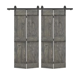 52 in. x 84 in. Mid-Bar Solid Core Weather Gray Stained DIY Wood Double Bi-Fold Barn Doors with Sliding Hardware Kit