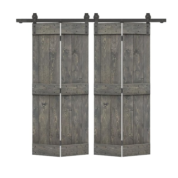 CALHOME 72 in. x 84 in. Mid-Bar Series Weather Gray Stained DIY Wood Double Bi-Fold Barn Doors with Sliding Hardware Kit