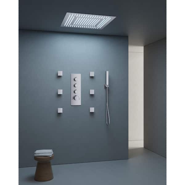 Thermostatic 7-Spray 20 in. Ceiling Mount Squre LED Mood Lighting Shower System in Brushed Nickel(Valve Included)