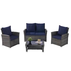 4-Piece Dark Gray Wicker Patio Conversation Set with Tempered Glass Coffee Table and Dark Blue Cushions